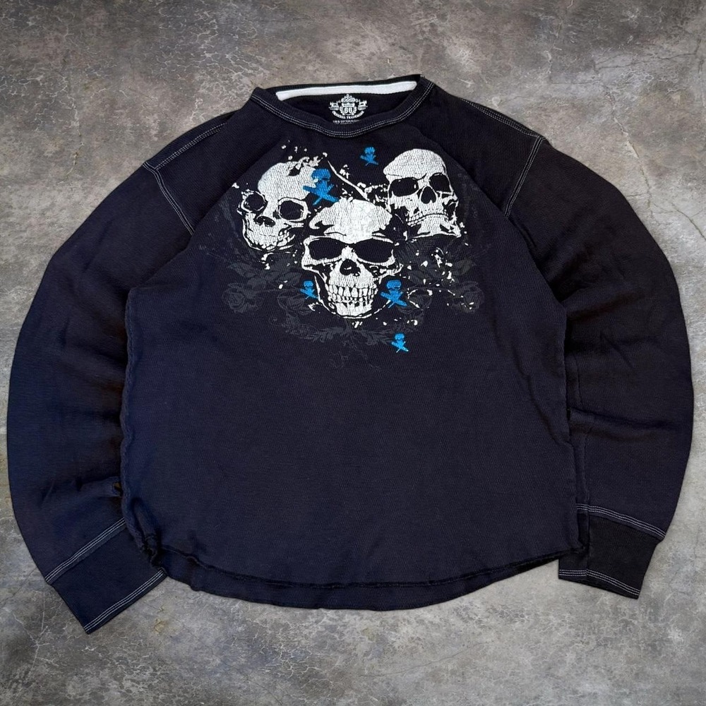 Vintage Route 66 Skulls Thermal Waffle Knit Shirt Men's Large Skater Grunge Y2K